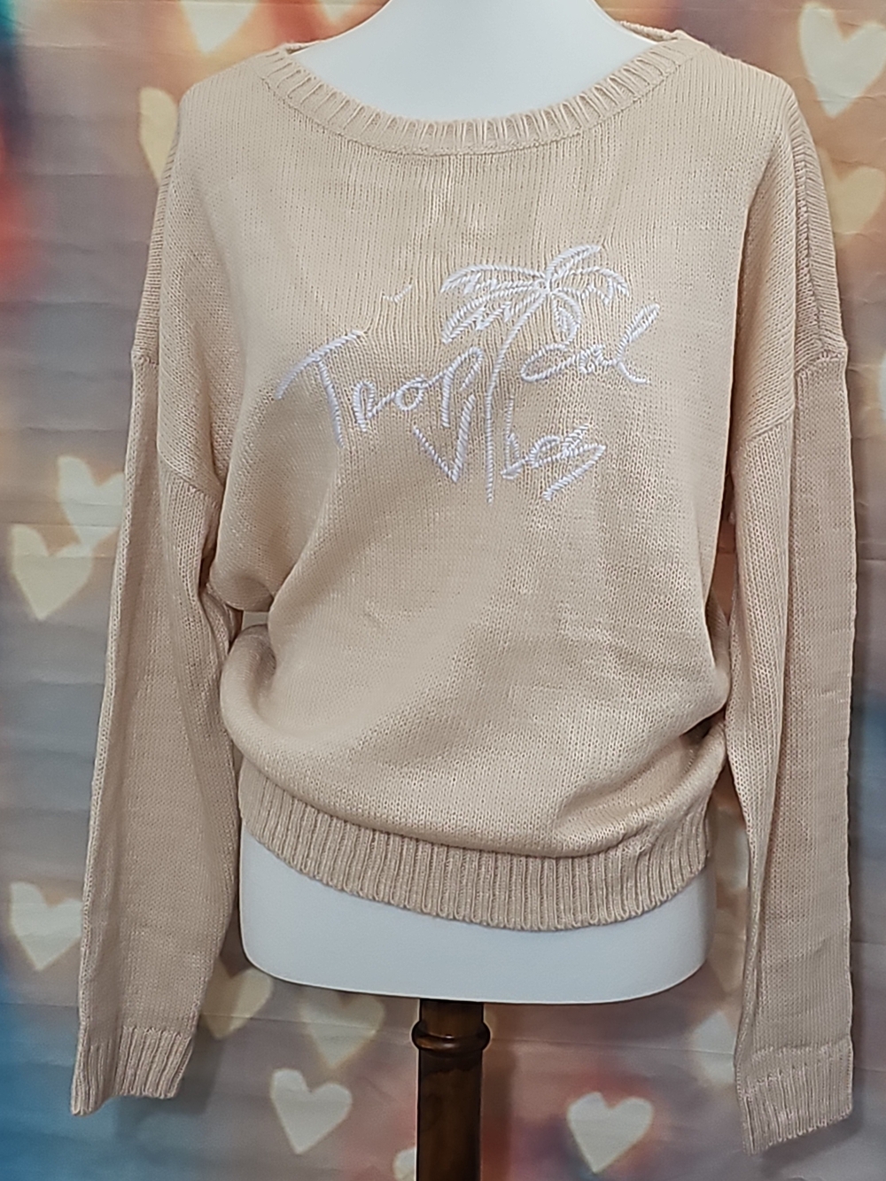Women's Crewneck Sweater with 'Tropical Vibes' Embroidery - Beige